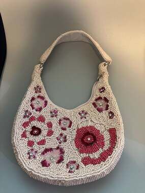 Studio 12 Hand-Beaded Floral Hobo Shoulder Bag in Cream and Pink